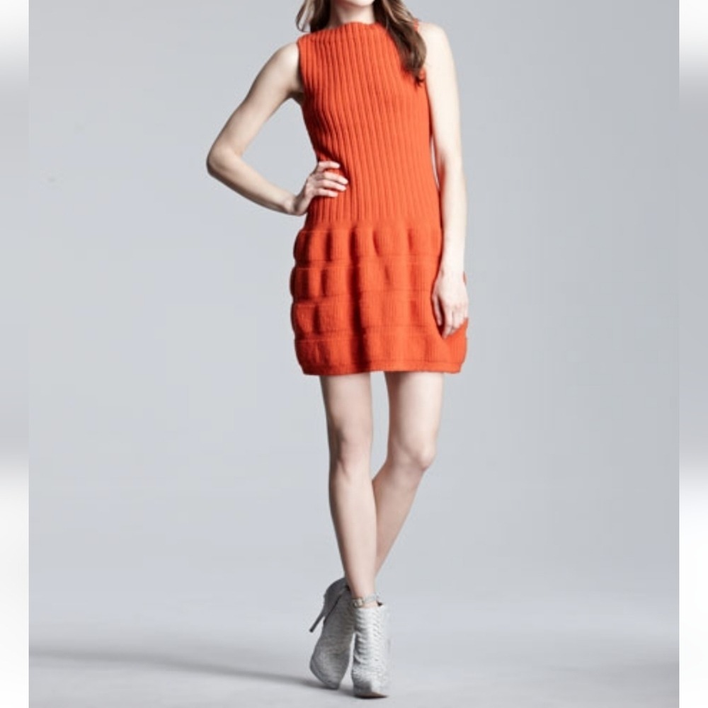 Skaist Taylor Orange Sleeveless Wool Mini Aran Sweater Dress Large